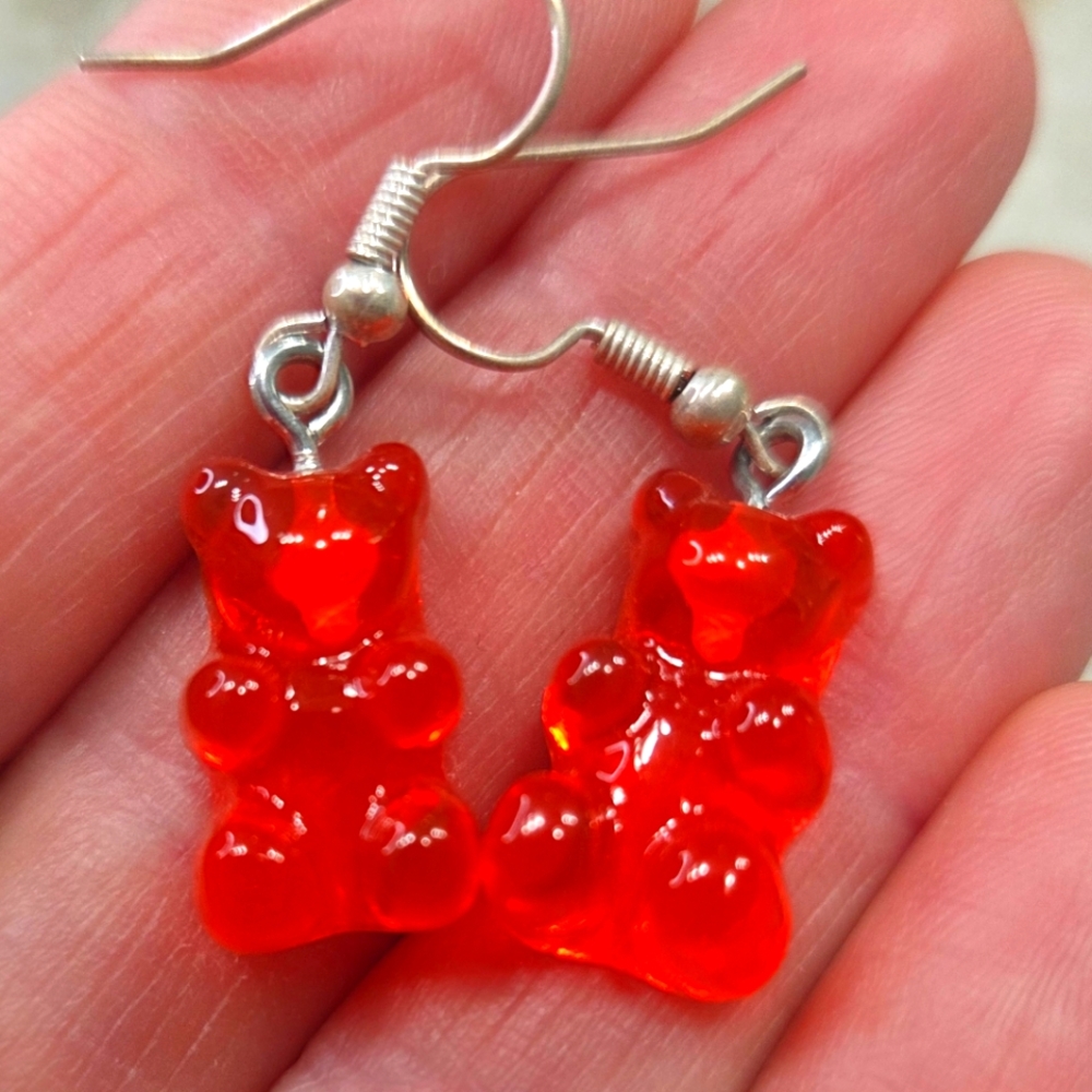 Source Unknown Red and Silver Gummy Bear Earrings Fun‎ Youthful